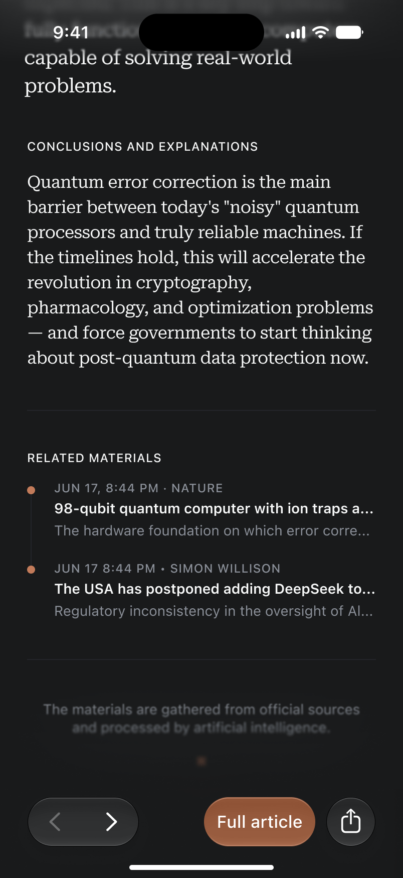 Nuus news app — article footer with AI-suggested related materials